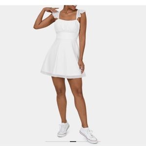 NWT Halara Cloudful Air Frill Mesh Ruched Backless Crisscross Mini Dress White S